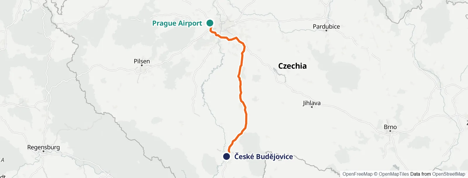 Карта маршрута: Prague Airport – České Budějovice