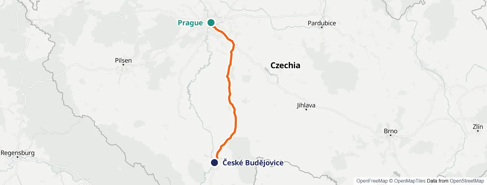 Карта маршрута: Prague – České Budějovice