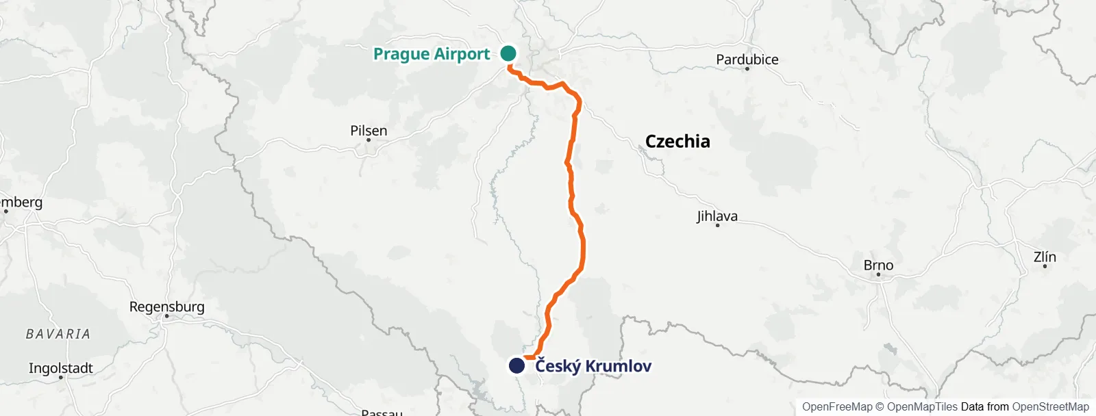 Карта маршрута: Prague Airport – Český Krumlov