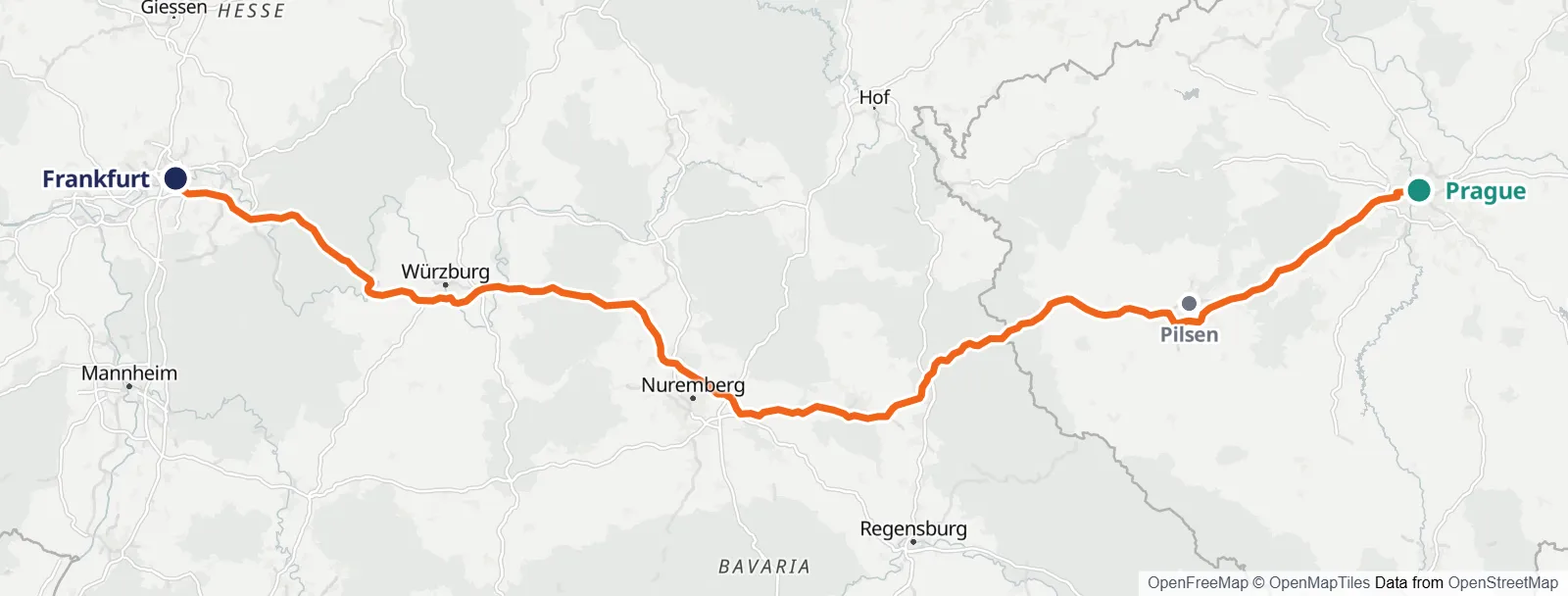 Карта маршрута: Prague – Pilsen – Frankfurt