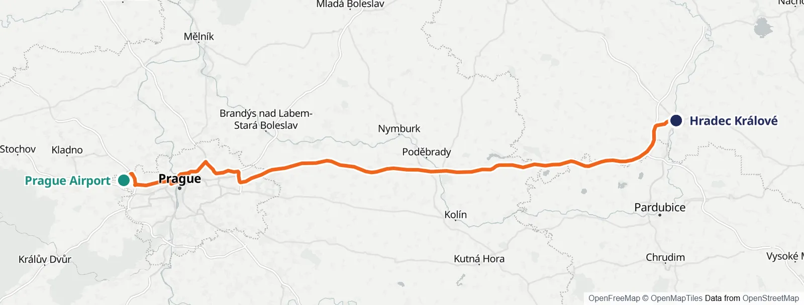 Карта маршрута: Prague Airport – Hradec Králové