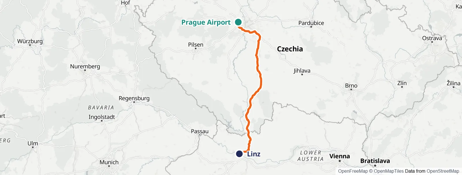 Карта маршрута: Prague Airport – Linz