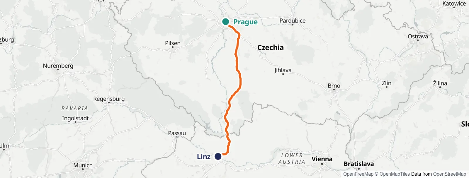 Карта маршрута: Prague – Linz