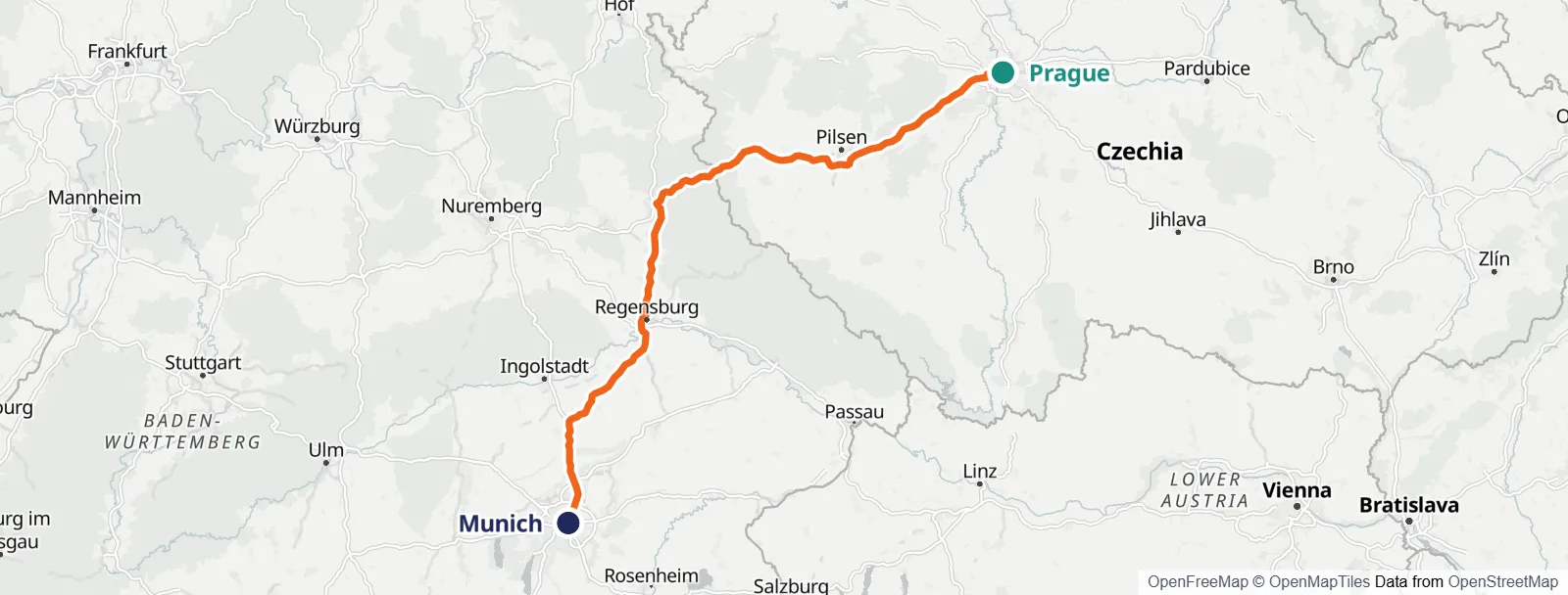 Карта маршрута: Prague – Munich
