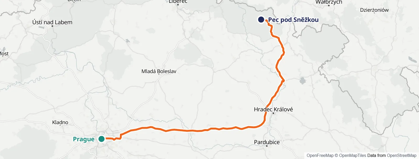 Карта маршрута: Prague – Pec pod Sněžkou